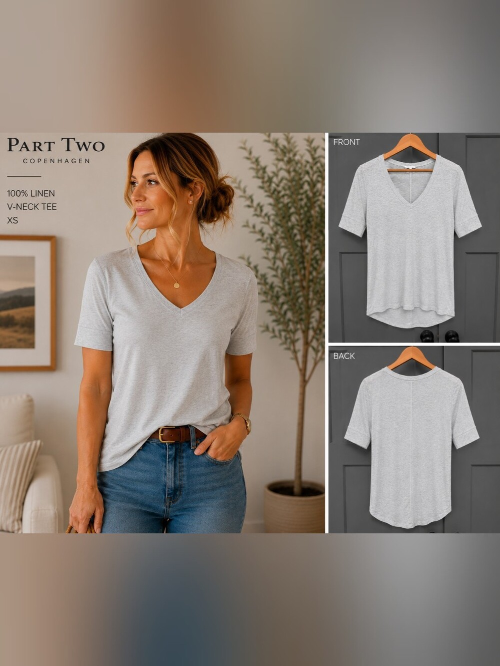 Part Two Copenhagen 100% Linen Gray V-Neck Tee XS Scandinavian Minimalist